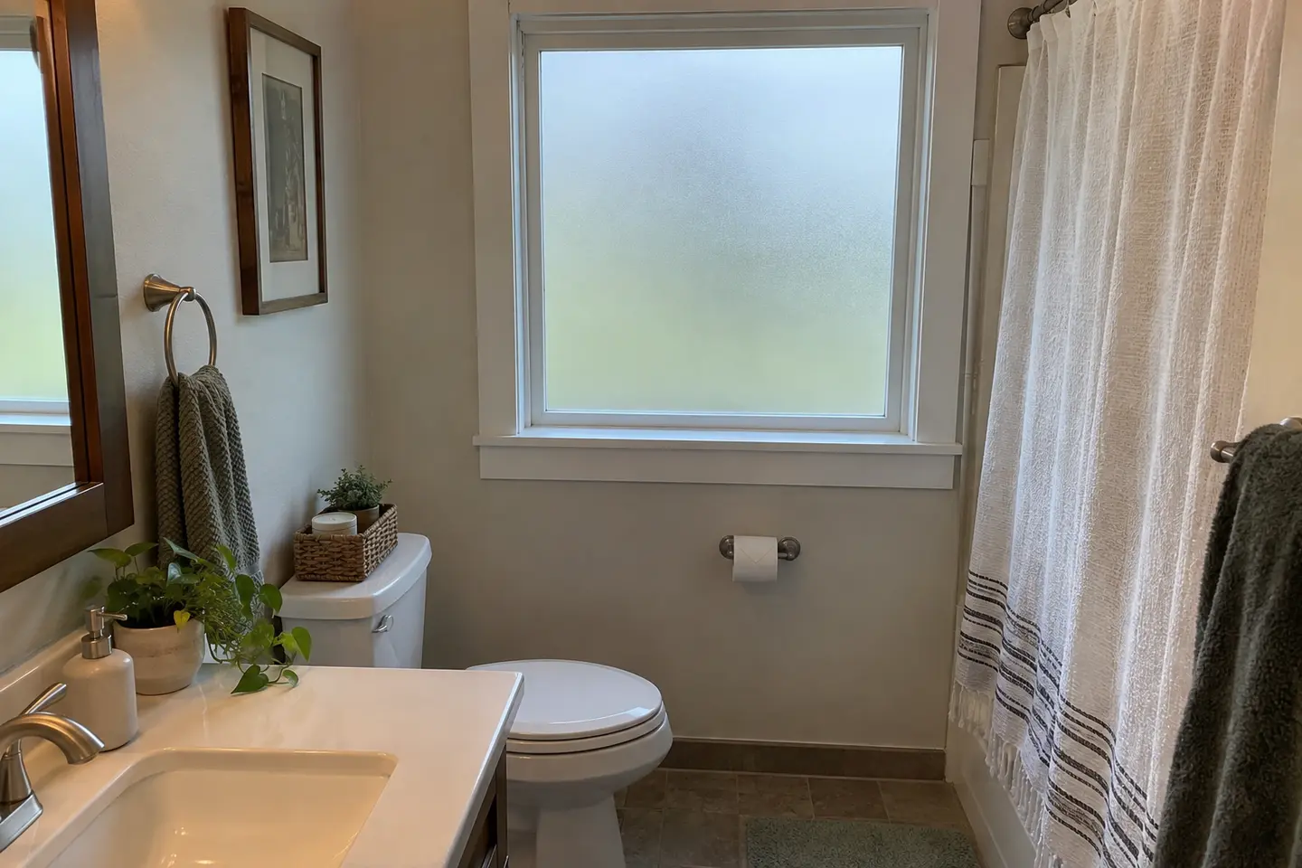 Bathroom window with frosted privacy film covering the full glass pane