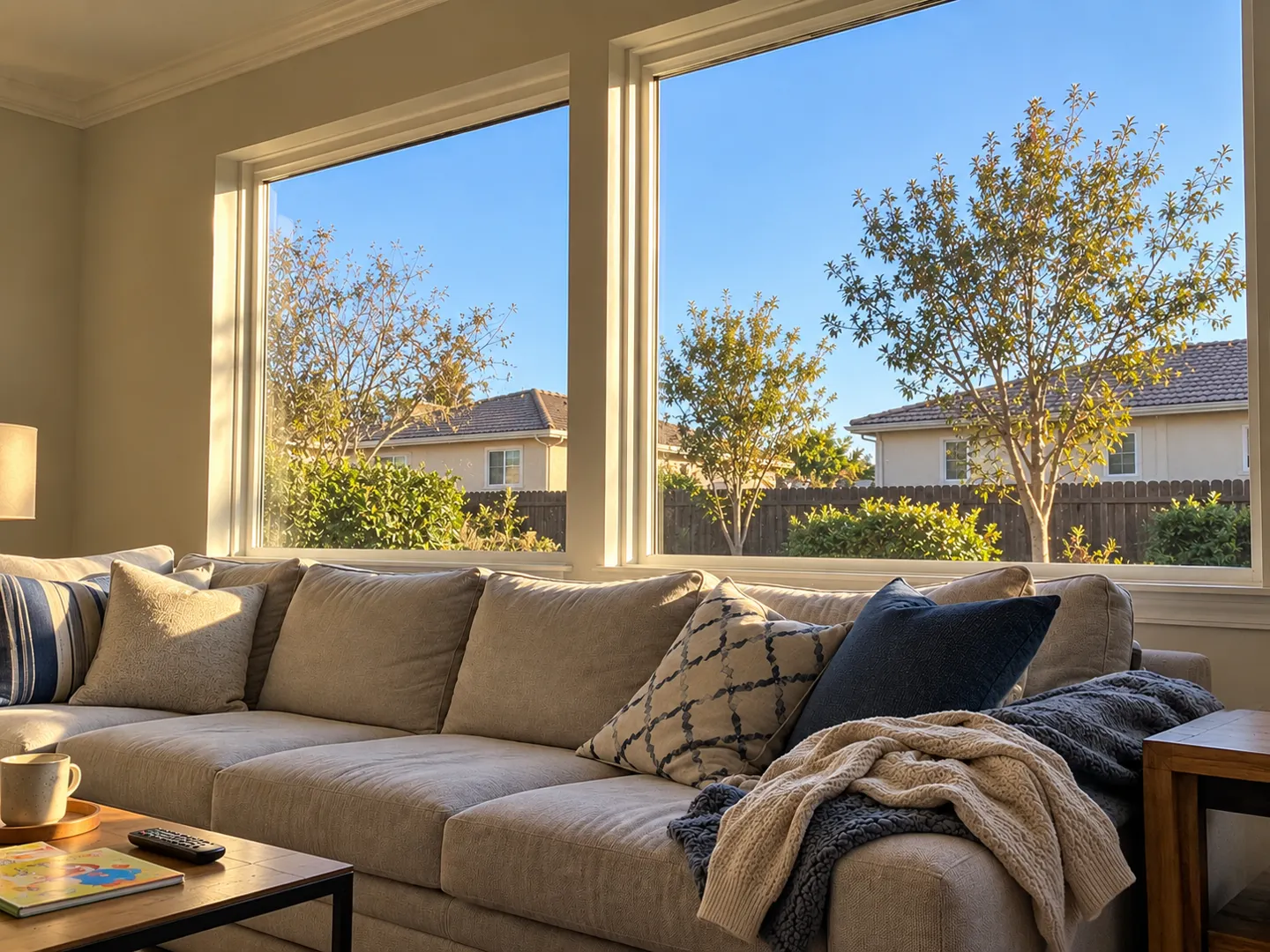 Afternoon light through living room windows beside a sofa with a blanket and book.
