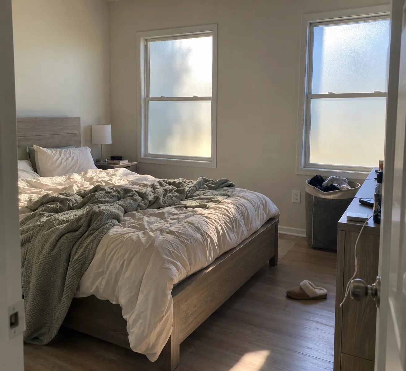 Daylight through a bedroom window beside an unmade bed and everyday belongings.