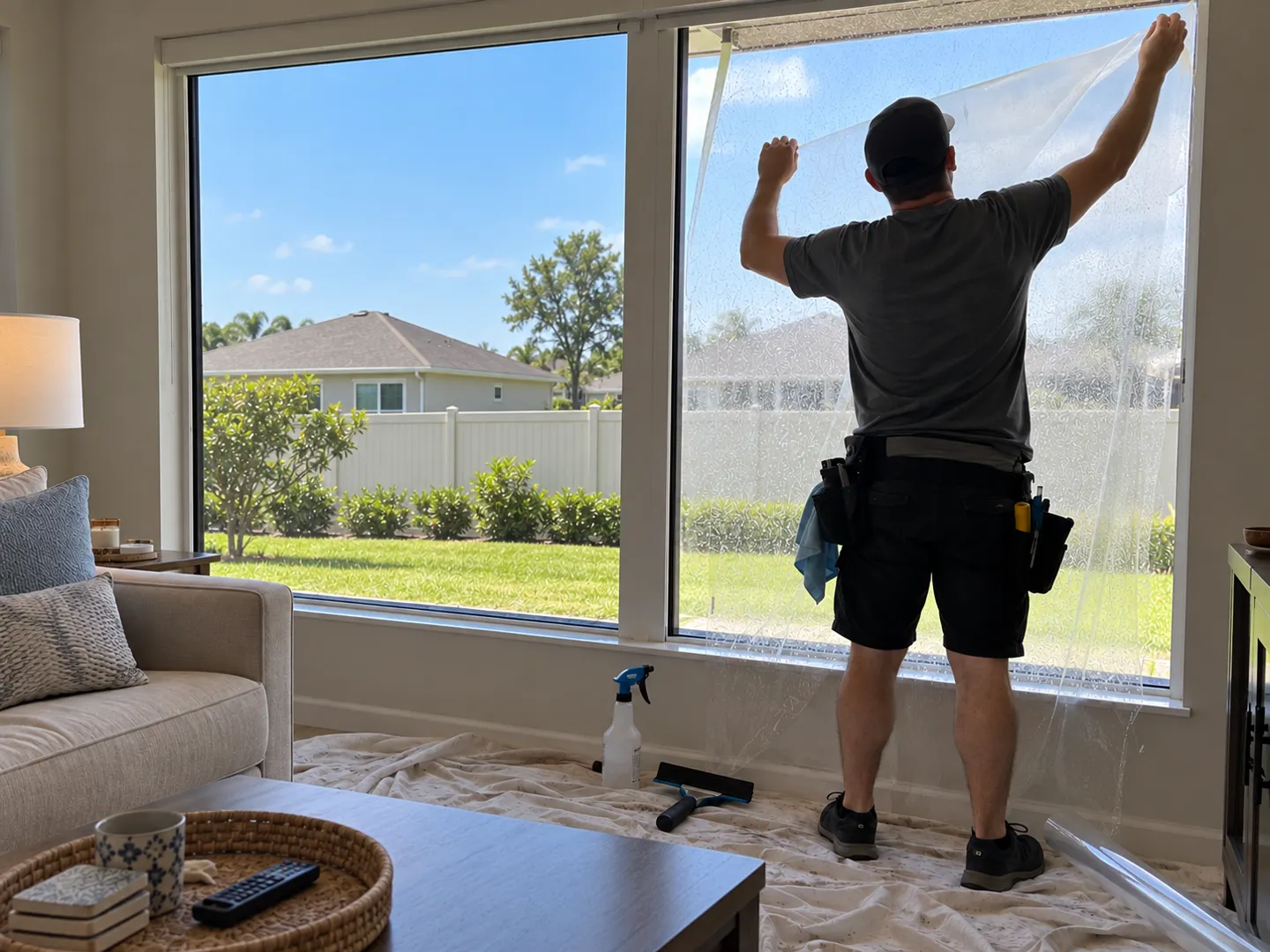 Installer applying window film to a home window during installation.