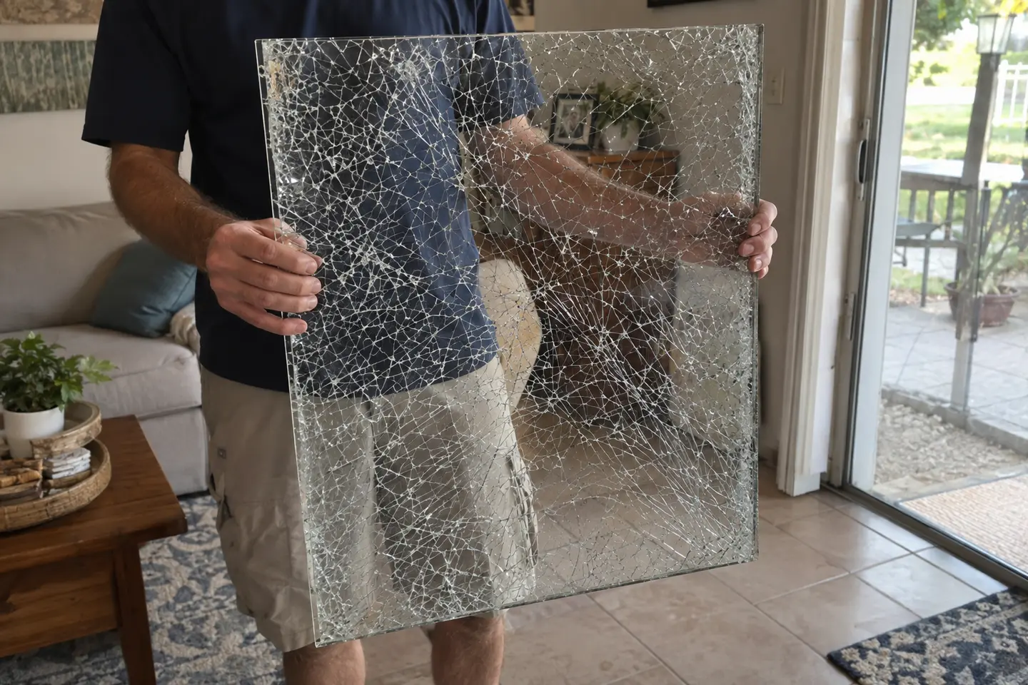 Installer holding a cracked-glass demonstration panel retained by safety film