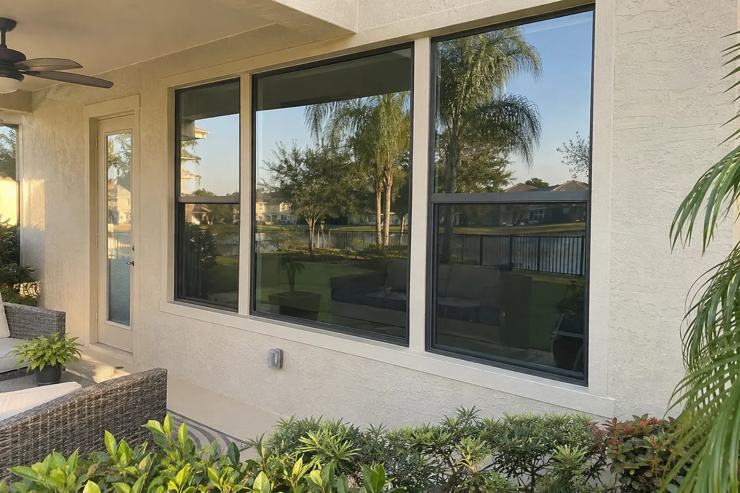 Florida home with uniformly tinted residential window panes viewed from the patio